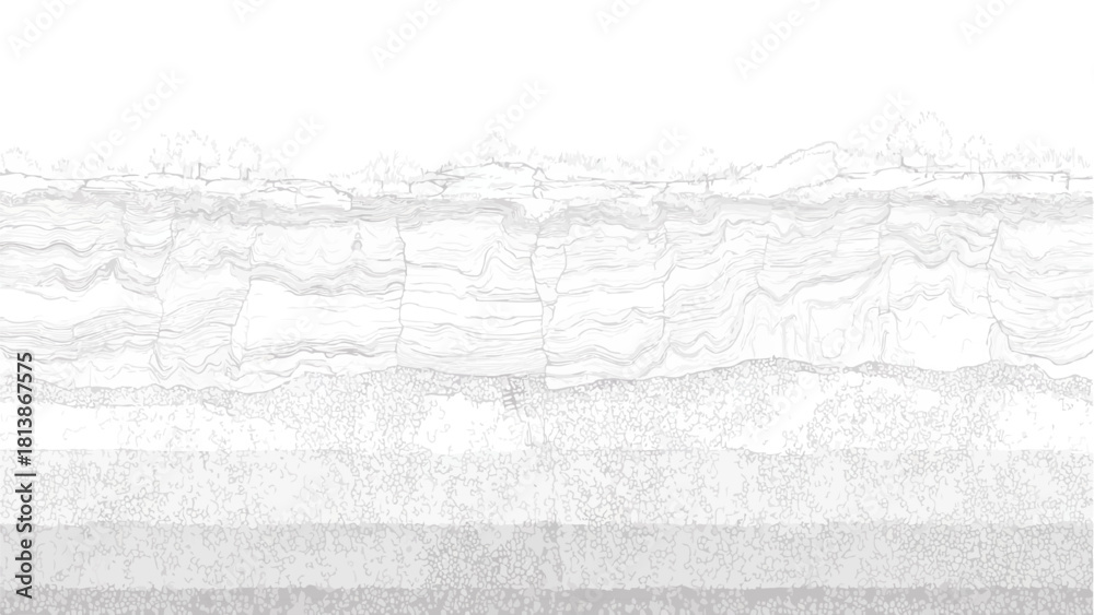 Obraz premium Stylized monochrome landscape with layered rock formations and sparse trees grey white