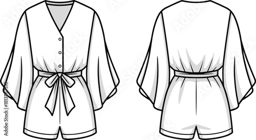 Women’s romper fashion sketch, technical flat vector, garment design template, clothing construction drawing, CAD illustration front and back views