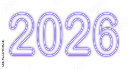 Neon text 2026: Glowing lilac numbers on a transparent background for 2026.