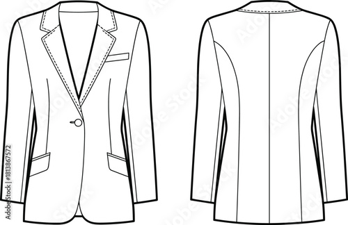 Women’s tailored blazer fashion flat sketch, jacket technical drawing, formal outerwear vector template for apparel design and garment production referenc