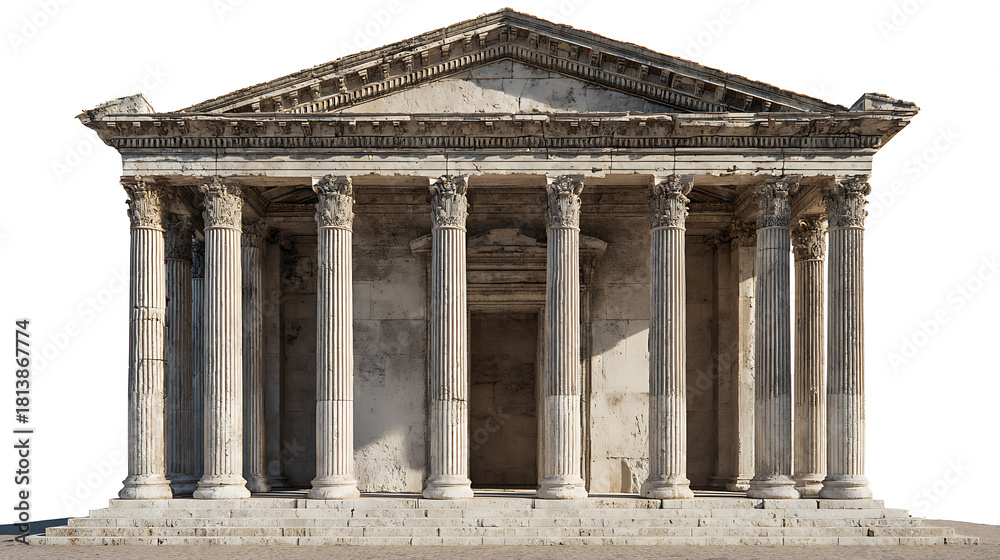 Naklejka premium Ancient stone temple facade with ornate columns and triangular pediment image