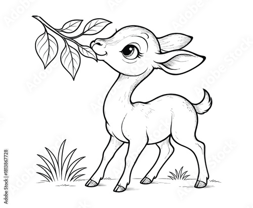 Delightful deer cartoon nibbling leaves with big eyes and soft fur standing on grass