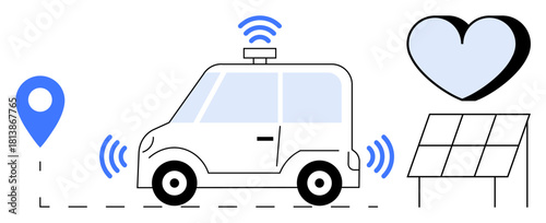 Self-driving electric vehicle with wireless signals, GPS pin, solar panel, and heart symbol. Ideal for technology, eco-friendliness, innovation, transportation, sustainability renewable energy