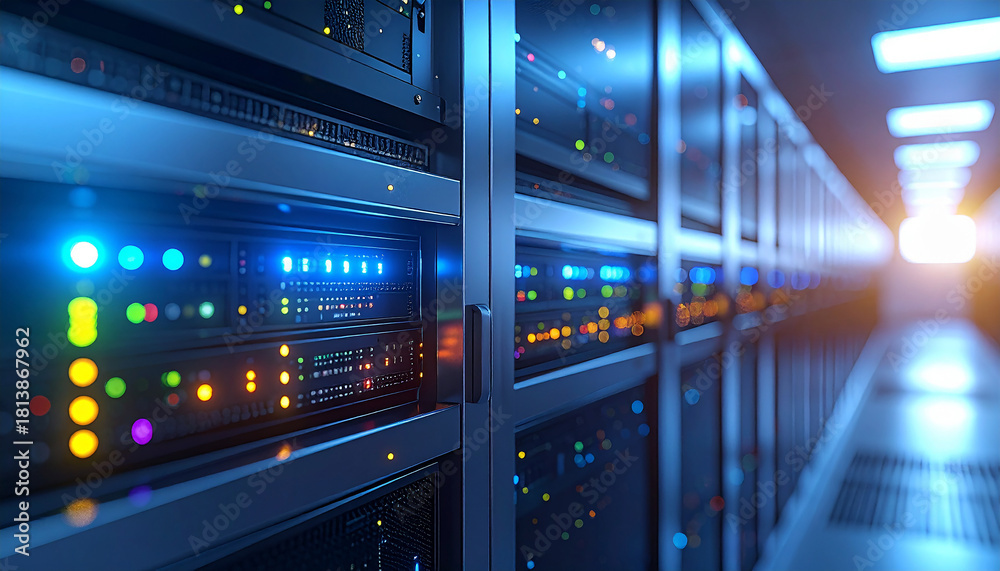 Fototapeta premium Data Fortress: The image showcases a high-tech data center with servers neatly arranged in racks, illuminated with a futuristic blue glow.