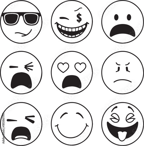 Collection of diverse black and white line art emoji faces displaying a wide range of emotions and expressions, from happy and sad to surprised and silly, suitable for digital communication designs