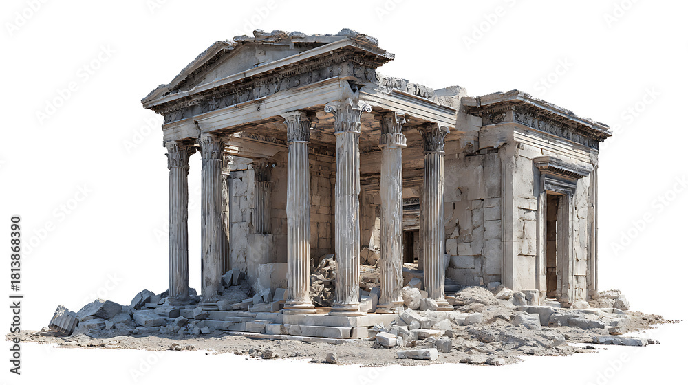 Fototapeta premium Ancient stone temple ruins with weathered columns and debris ancient ruins classical architecture