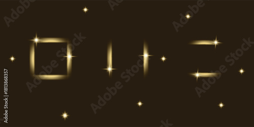 Set of glowing golden light effects forming abstract shapes like a square, line, plus sign, and brackets against a dark brown background with sparkles
