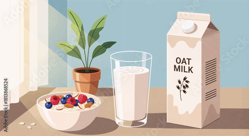 Healthy Breakfast Scene Oat Milk, Oatmeal, and Berries - A Nutritious and Delicious Start