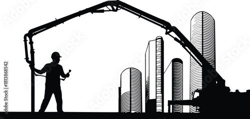 Silhouette of construction worker operating concrete pump truck boom with modern city skyline background, vector illustration for urban building and industrial engineering