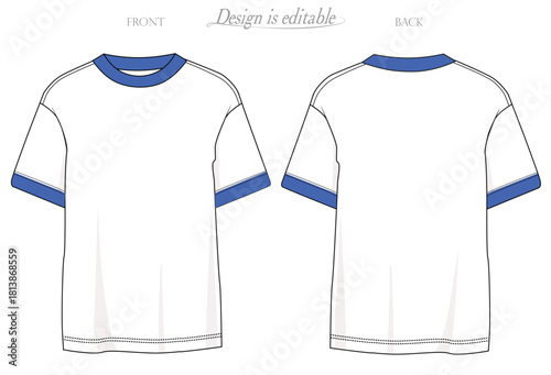 mockup tees, Men crew neck T-shirt with contrasting blue armbands at the cuffs, mockupg Men crew neck, dropped shoulders, contrasting white body, front and back sketch.eps10