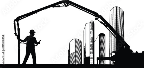 Silhouette of worker operating concrete pump truck boom in front of skyscrapers, vector illustration isolated on white background for construction industry designs.