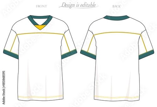 mockup tees, Men's V-neck t-shirt with V insert in the center of the front neckline, front and back yoke with piping insert, sleeves with piping insert, front and back sketch.eps10