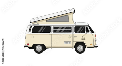 Beige camper van with pop-up roof side view on a white background.