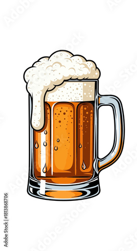 Mug of beer with white foam overflowing isolated on a white background.