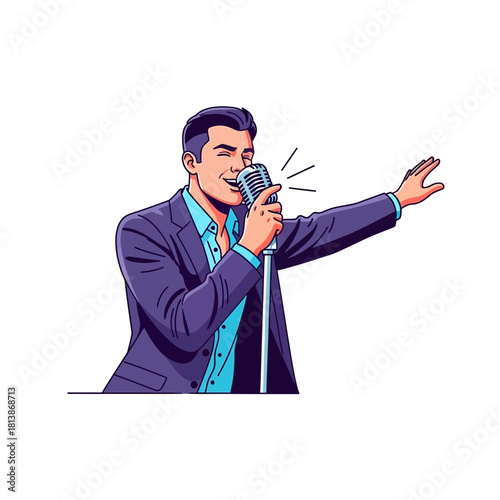 Man in suit sings into microphone with arm extended against white background.