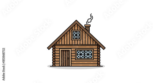 Cartoon log cabin with smoke coming from chimney isolated on white.