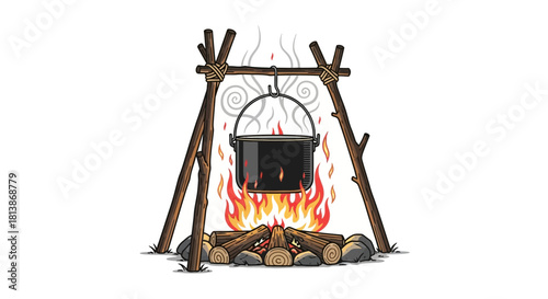 Cooking pot hanging over a campfire with wooden support structure illustration.