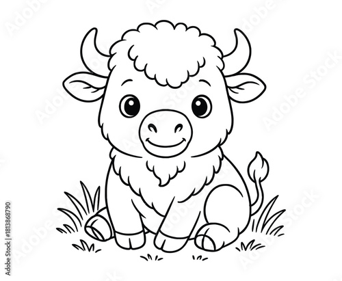 Charming little bison calf sitting on grass outlined vector illustration
