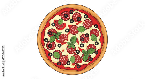 Pizza with pepperoni olives basil and cheese on a white background.