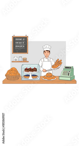 Cartoon baker with oven and ingredients prepares baked goods in a kitchen.