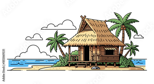 Hut with thatched roof on a small island with palm trees and ocean.