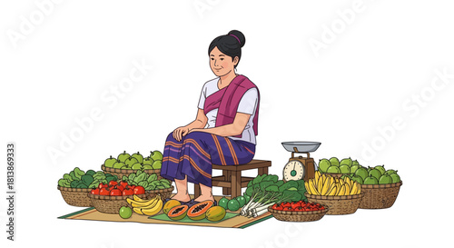 Woman sits selling vegetables and fruit at a market stall illustration.