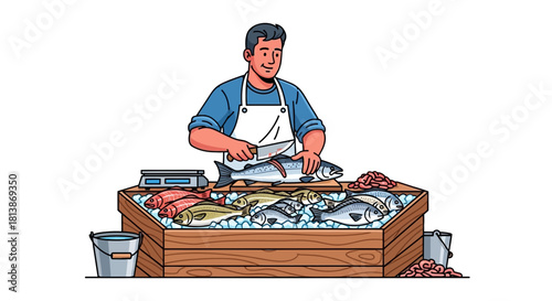 Man in apron cuts fish at a market stall filled with seafood.
