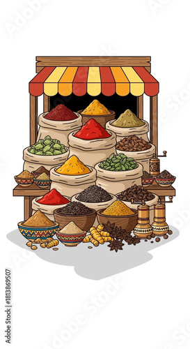 Spices displayed in sacks under a striped awning on a market stall.