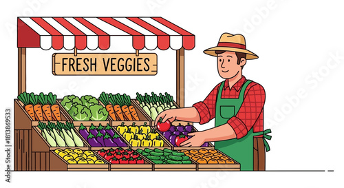 Man at vegetable stand with striped awning selling fresh produce illustration.