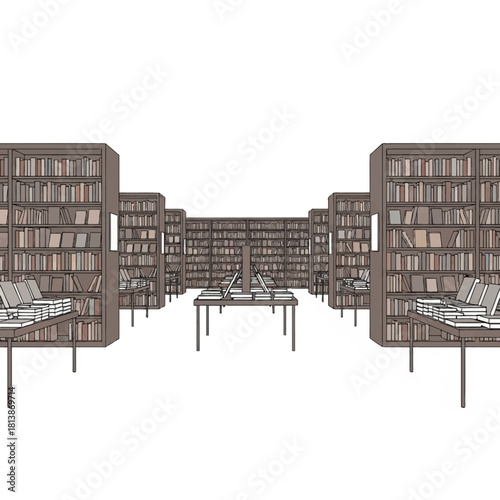Library interior with bookshelves tables and books on a white background.