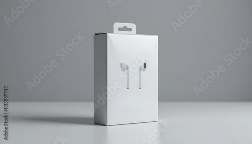 Sleek wireless earbuds packaging in minimalist style, perfect for tech reviews or product mockups, showcasing modern design and audio quality