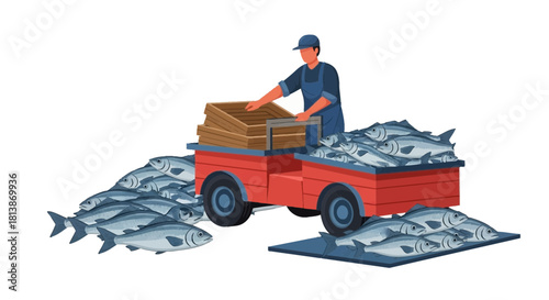 Man loads fish from ground and crates into red cart illustration.