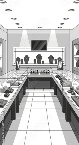 Illustration of a courtroom interior with tables chairs and a judge's bench.