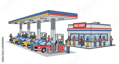 Gas station with cars waiting at pumps and people inside the store.