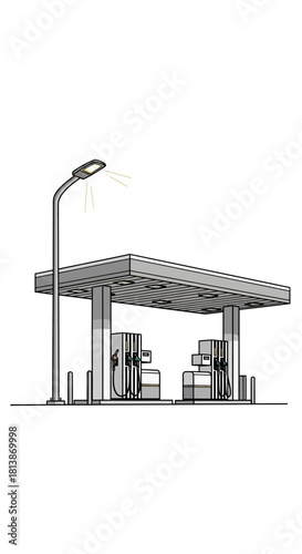 Gas station with canopy and pumps isolated on white background.
