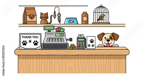 Pet store counter with cash register shelves and various pet supplies.