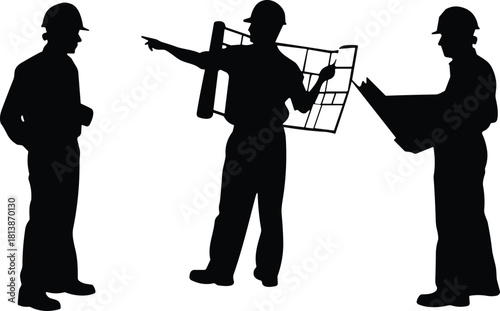 Vector silhouette of construction team, engineer and architect discussing project plans, holding blueprints and wearing hard hats, isolated on white background for design.