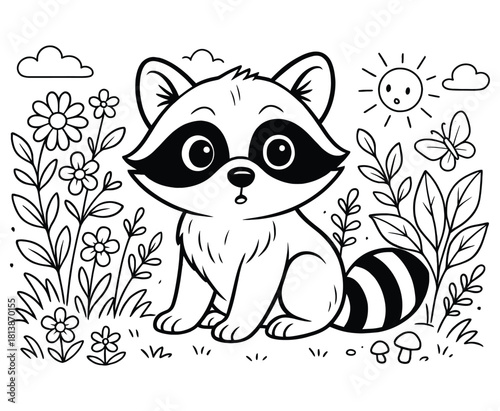 Cute raccoon cartoon animal sitting surrounded by flowers in outline style art
