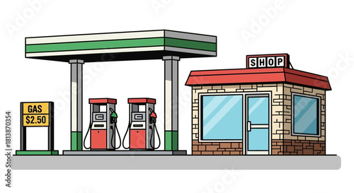 Cartoon gas station with pumps and small building on a white background.