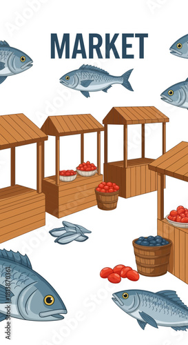 Illustration of a market with stalls selling goods and fish in the background.