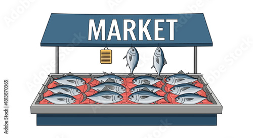 Fish market stall with blue awning and red display on a white background.