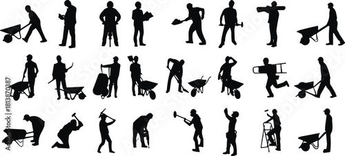 Vector silhouette set of construction workers pushing wheelbarrows, digging with shovels, climbing ladders and carrying tools, illustration of builders isolated on white background.