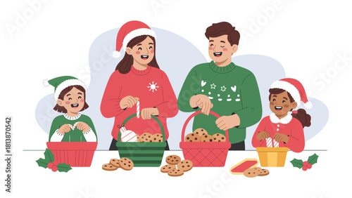 Family Christmas Baking Time: A happy family is gathered in a kitchen and joyfully baking and arranging festive holiday cookies, enjoying quality time. 