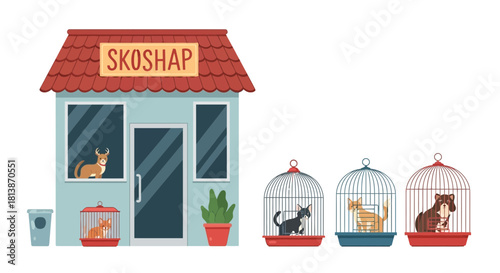 Pet shop building with animals in cages and tanks illustration graphic.
