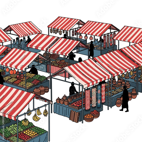 Market stalls with red and white striped awnings and silhouettes of people.