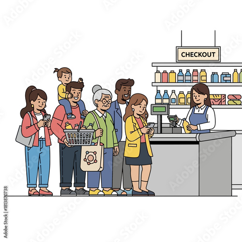 People stand in line at checkout in a store illustration.