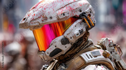 Futuristic soldier in exoskeleton armor prepares for battle in a dystopian landscape filled with chaos and destruction