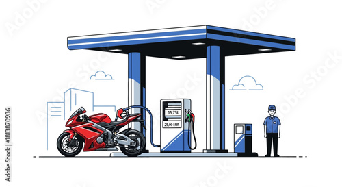 A motorcycle is parked at a gas station with a person nearby.