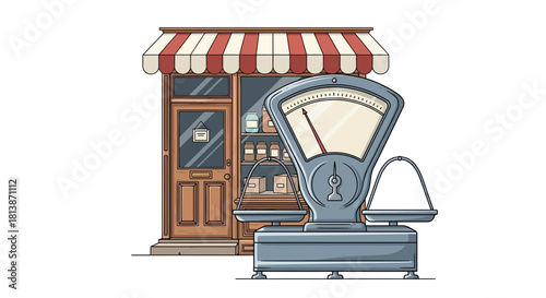 A vintage scale stands before a shop with a striped awning illustration.