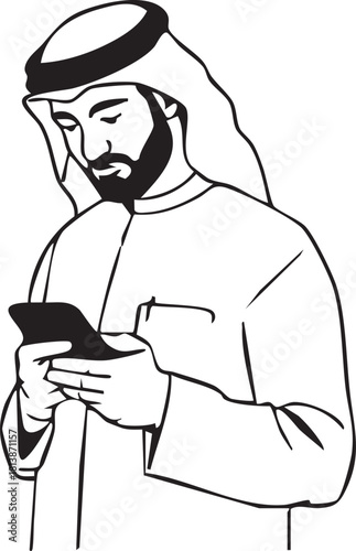 Arab man in traditional white thobe and ghutra deeply absorbed while intently using a smartphone, symbolizing modern technology's integration into cultural daily life.